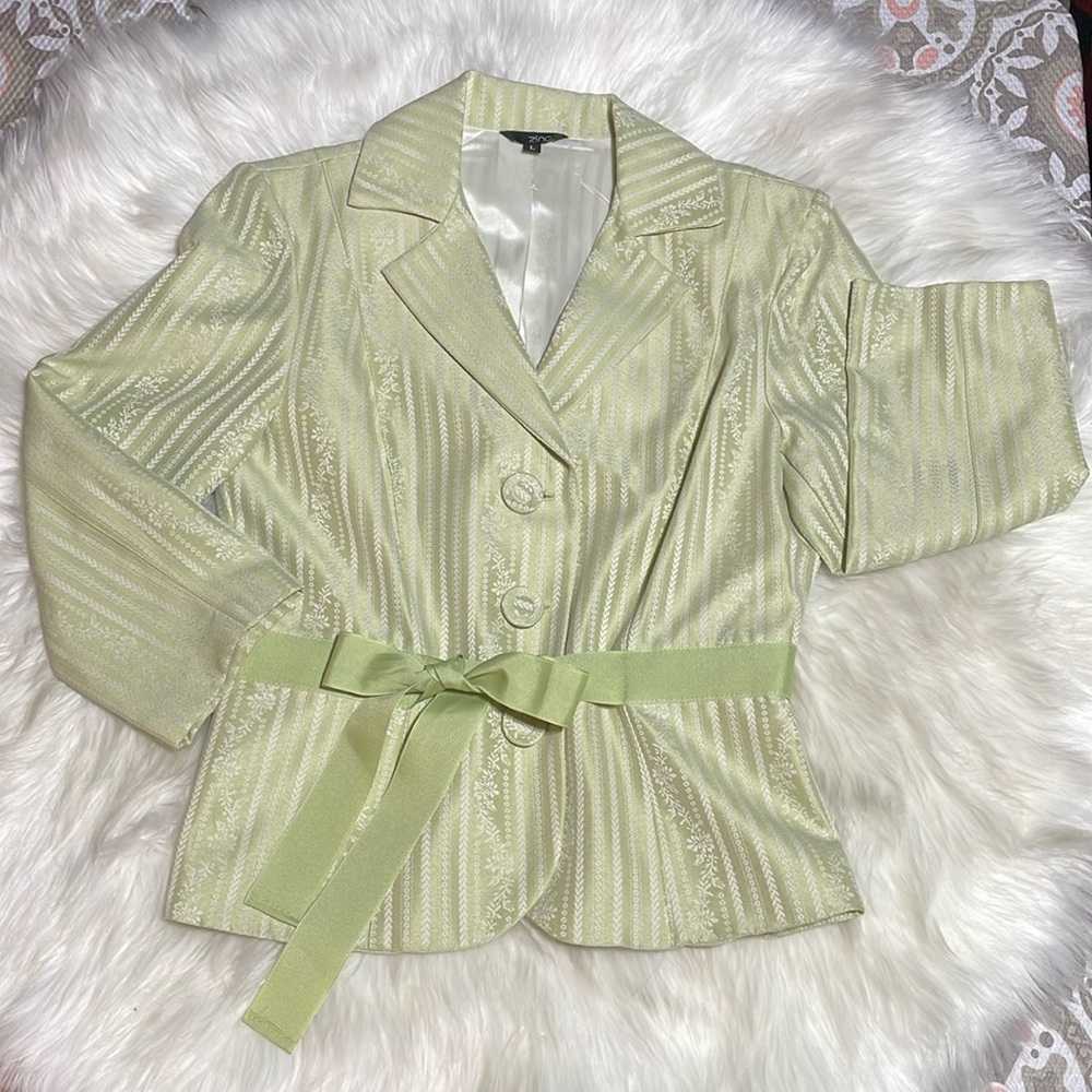Zinc-Light Green Spring Jacket 3/4 Sleeves Fabric Buttons Ribbon Belt-L-#0087